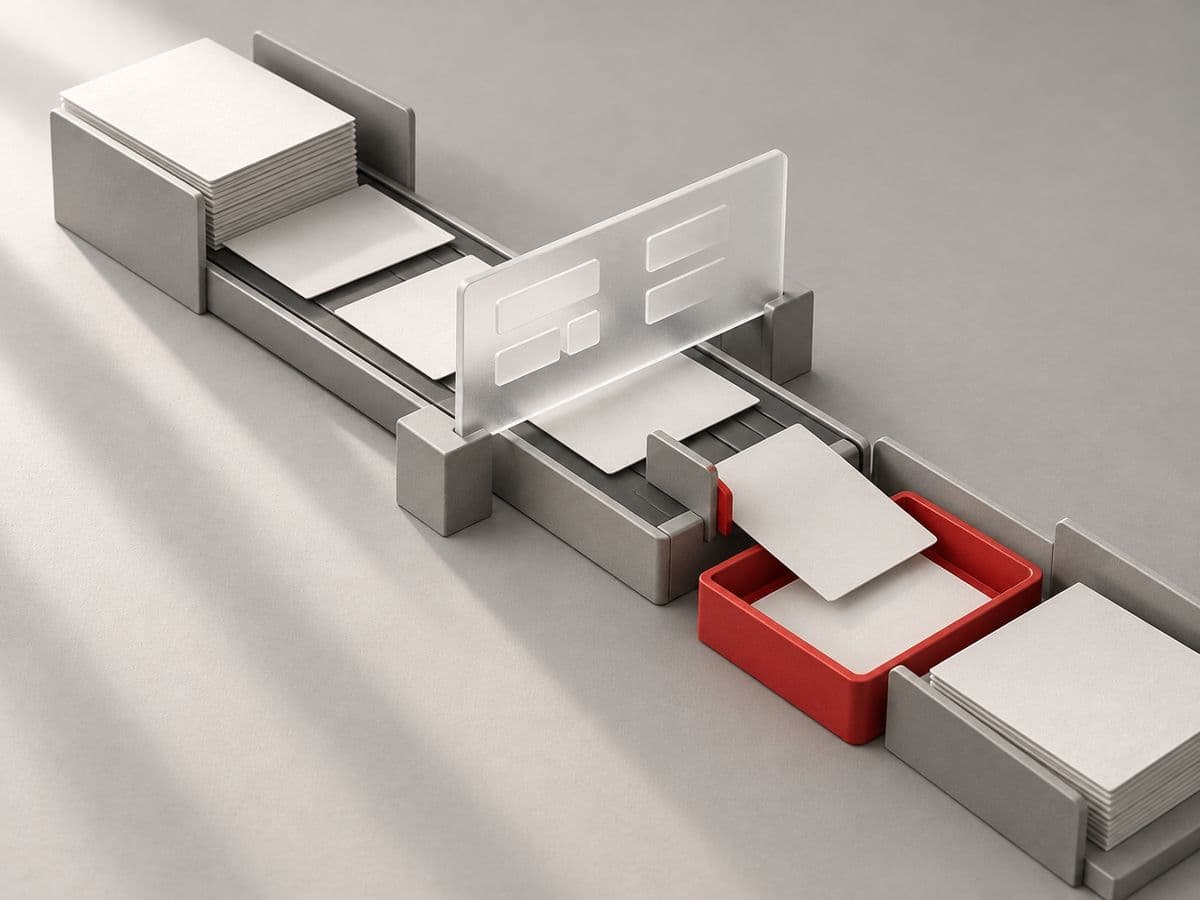 Illustration of sheets passing under a glass panel, one set aside in a red tray