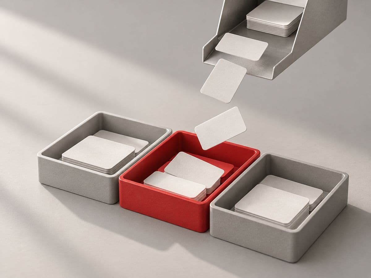 Illustration of cards dropping from a chute into three trays, one red