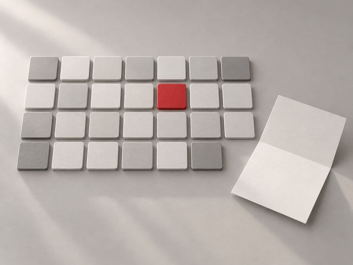 Illustration of a grid of tiles with one red tile beside a folded sheet