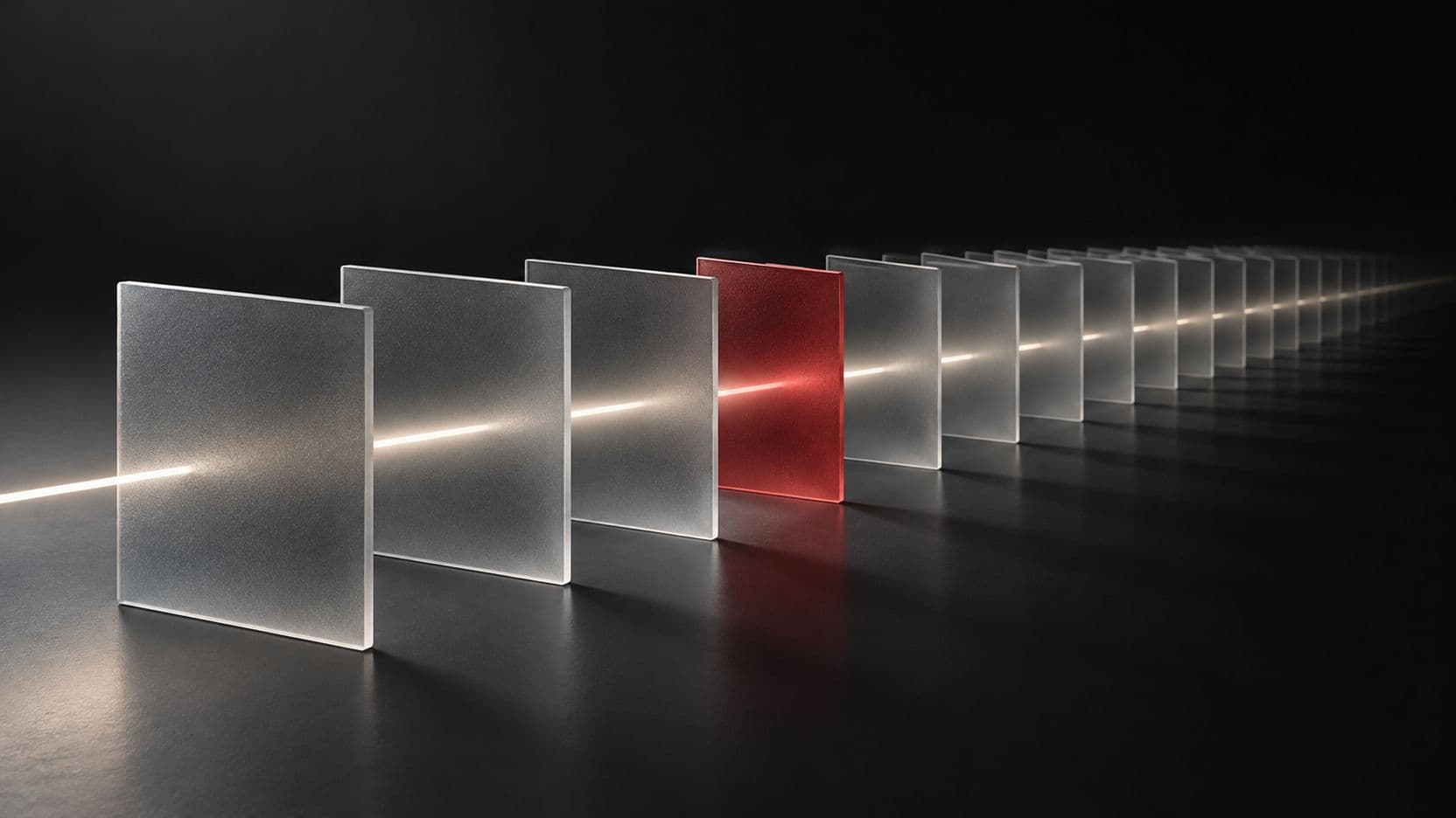 Illustration of a line of light passing through a row of glass panes, one red