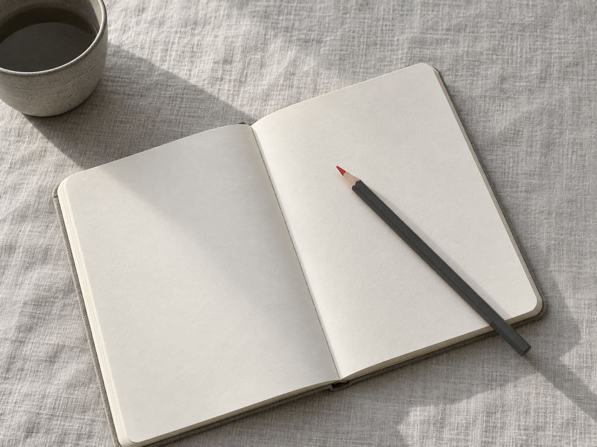 Open blank notebook with a red-tipped pencil on grey linen