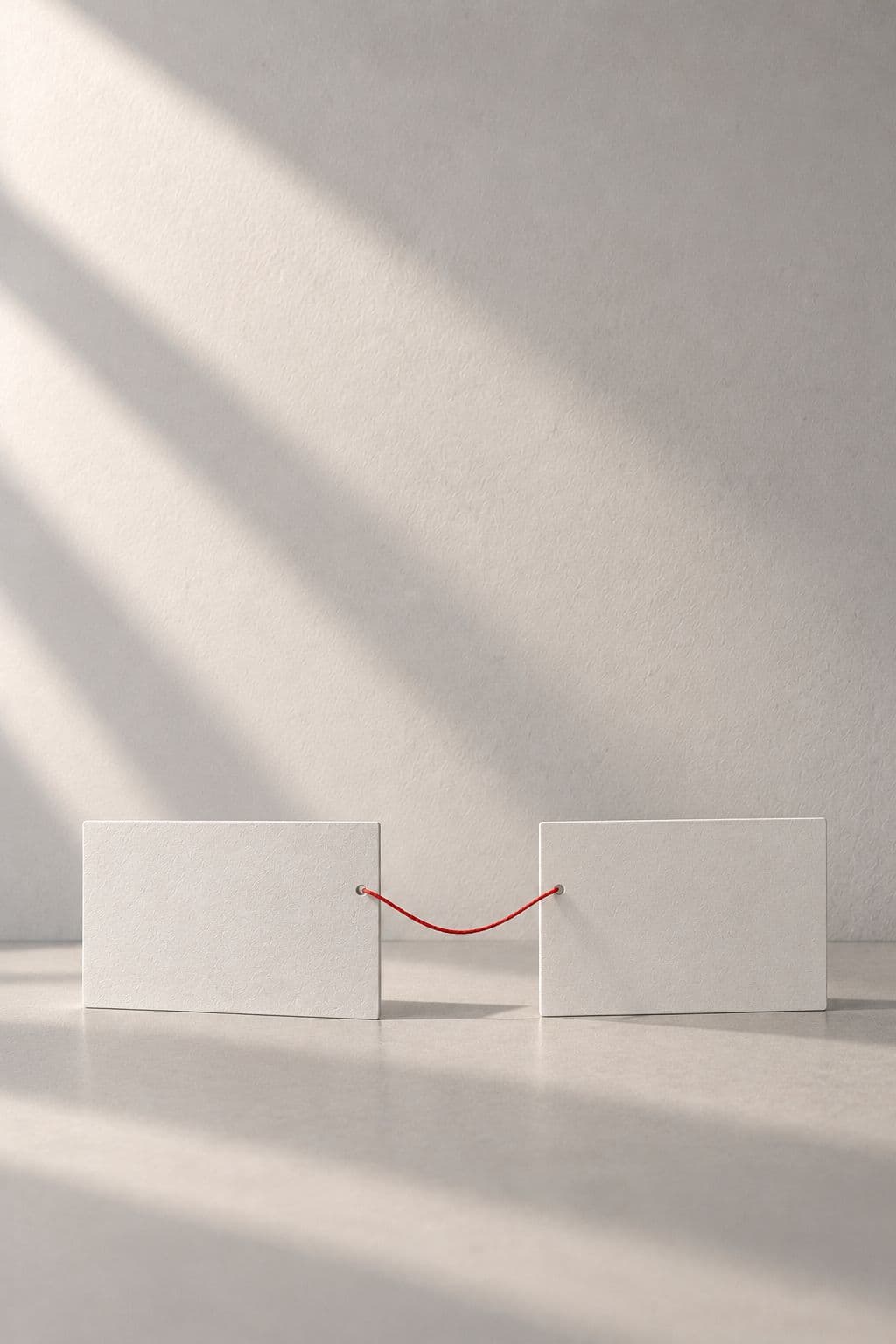 Two blank cards joined by a red thread against a pale wall