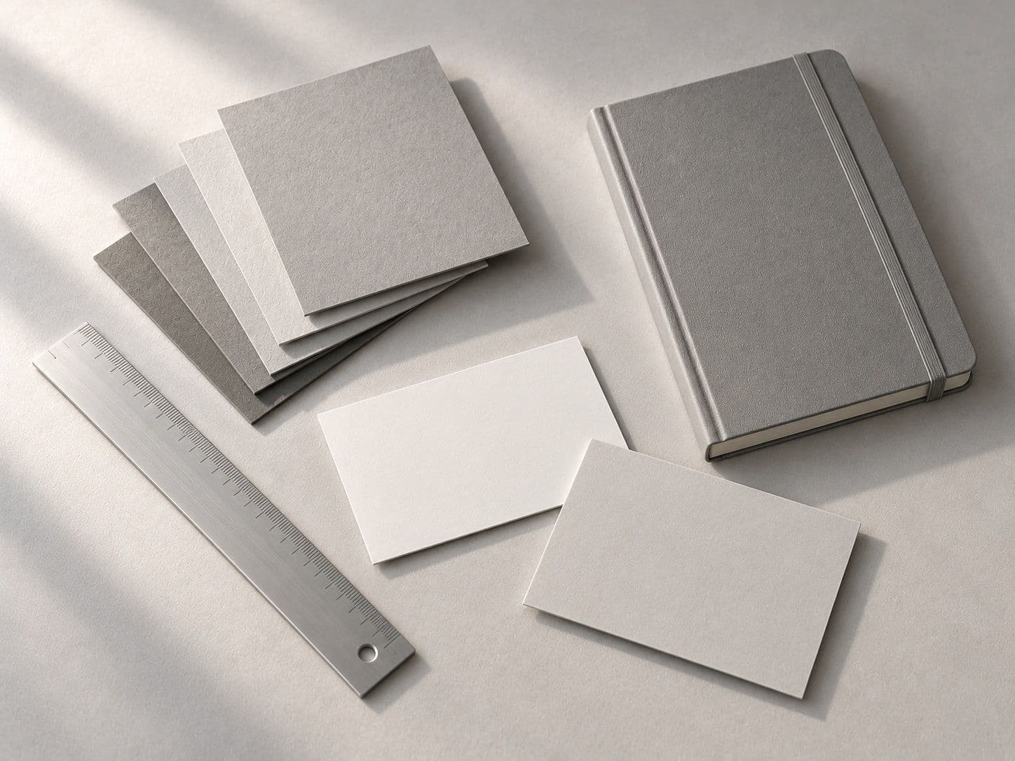 Grey paper swatches, a notebook, a metal ruler and blank cards on a pale surface