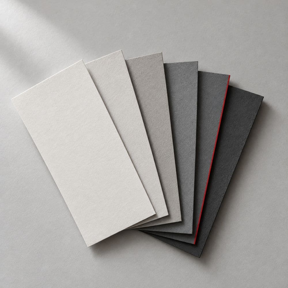 Fanned paper swatches from off-white to charcoal, one with a red edge