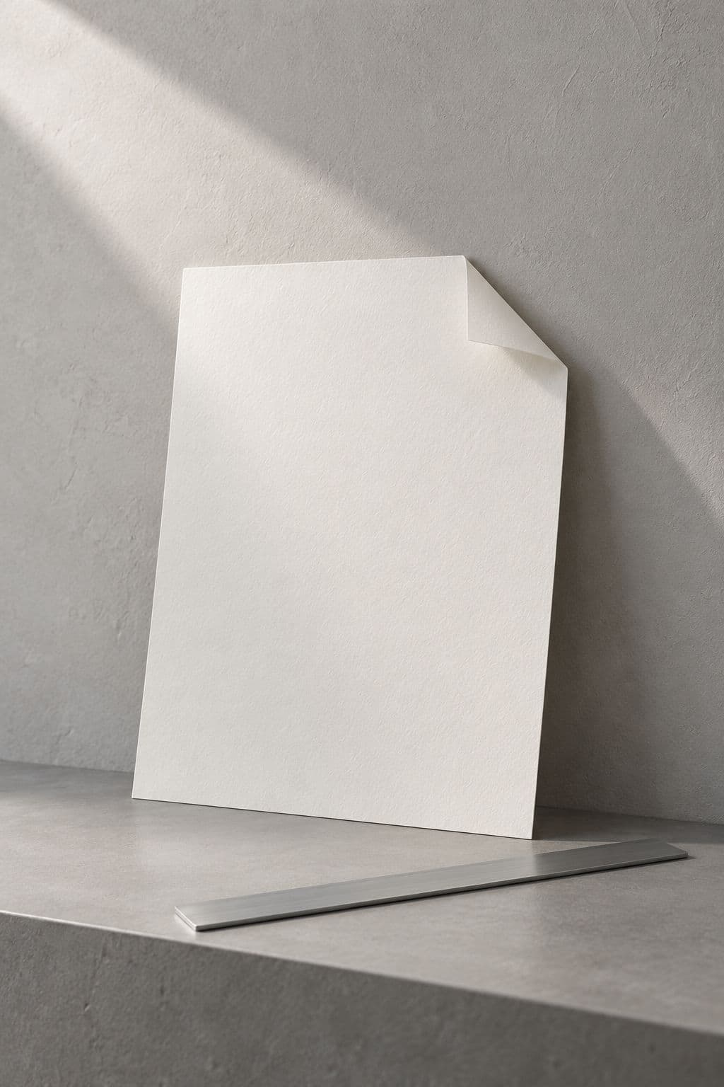 Sheet of paper with a curled corner and a metal ruler on a grey shelf