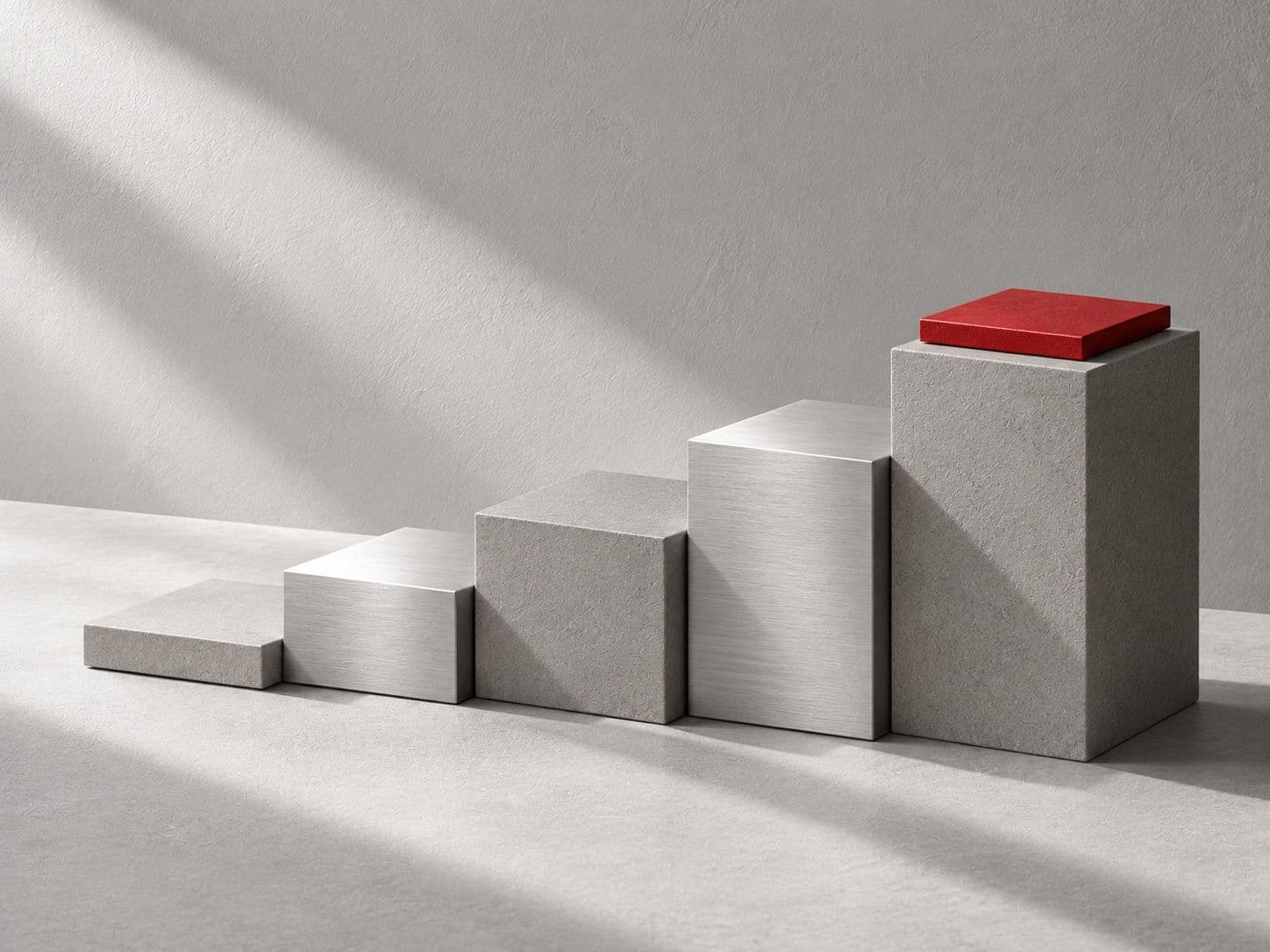 Stepped metal and stone blocks, the highest topped with a red plate