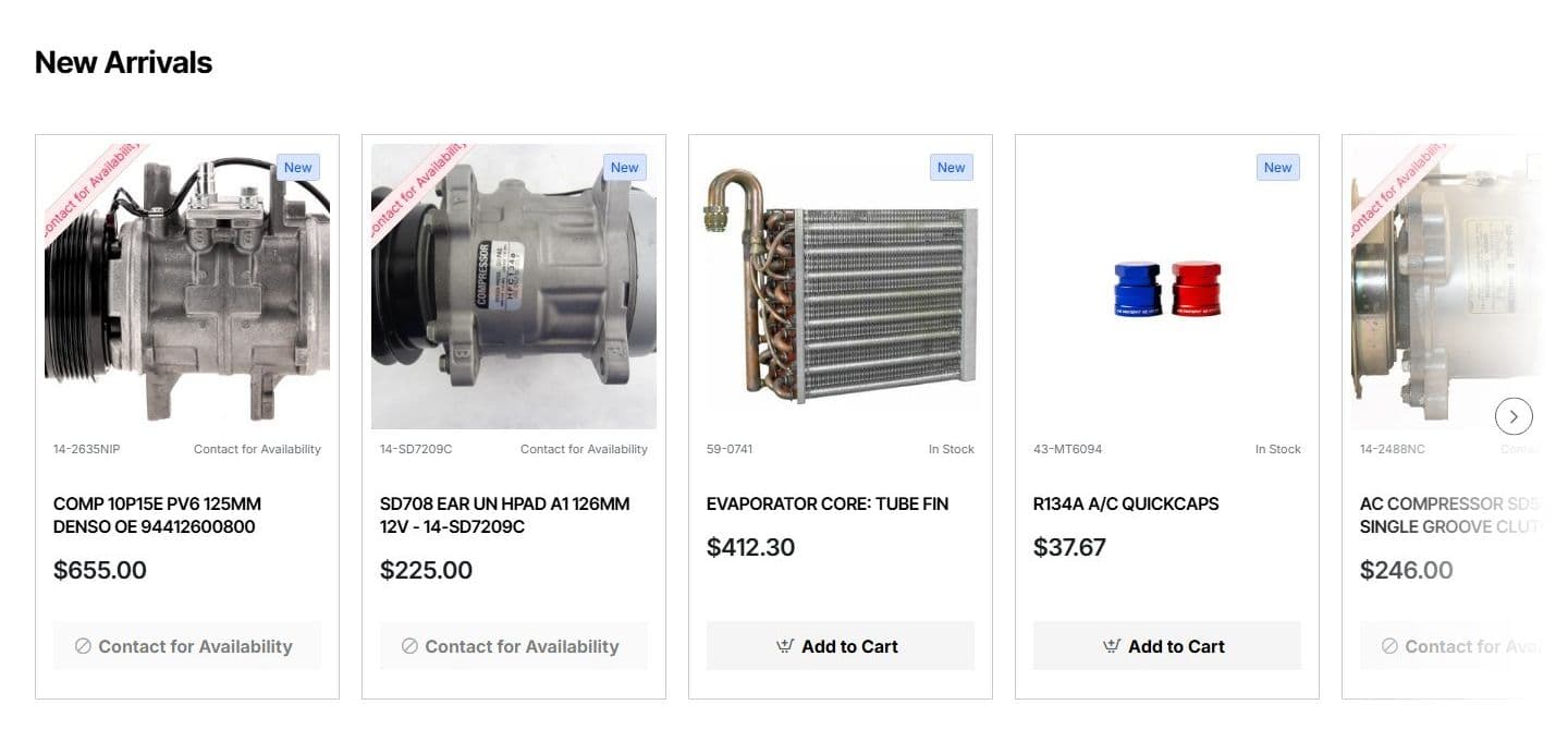 New arrivals section of the ACKits homepage on desktop
