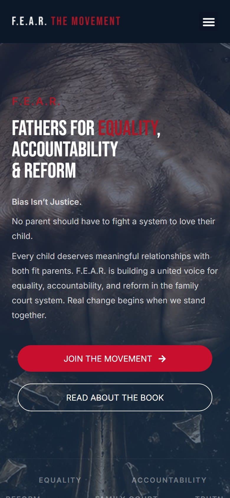 First screen of the F.E.A.R. The Movement homepage on a phone