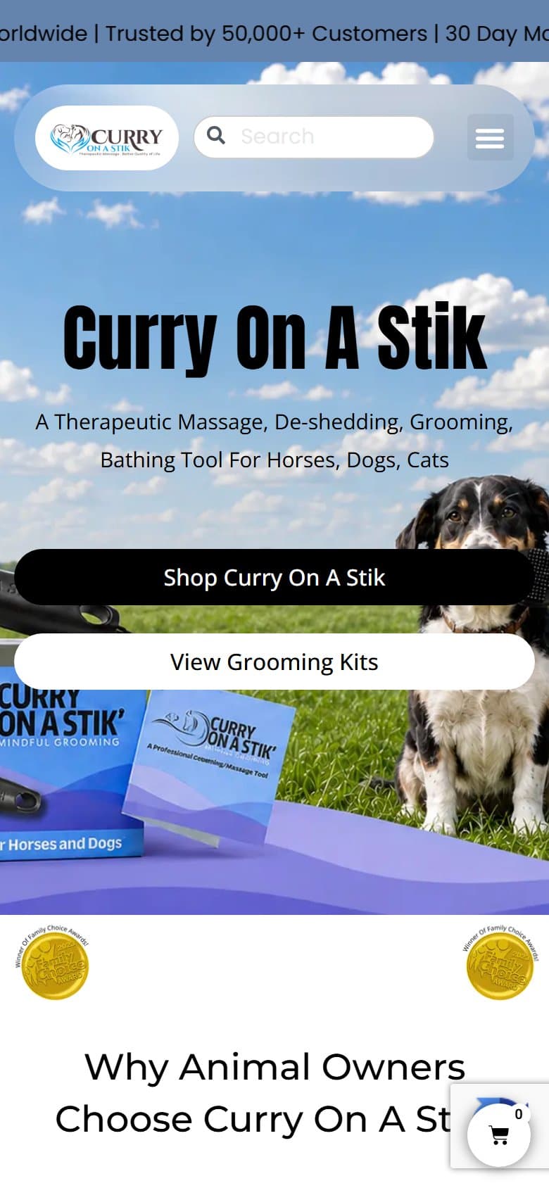 First screen of the Curry On A Stik homepage on a phone