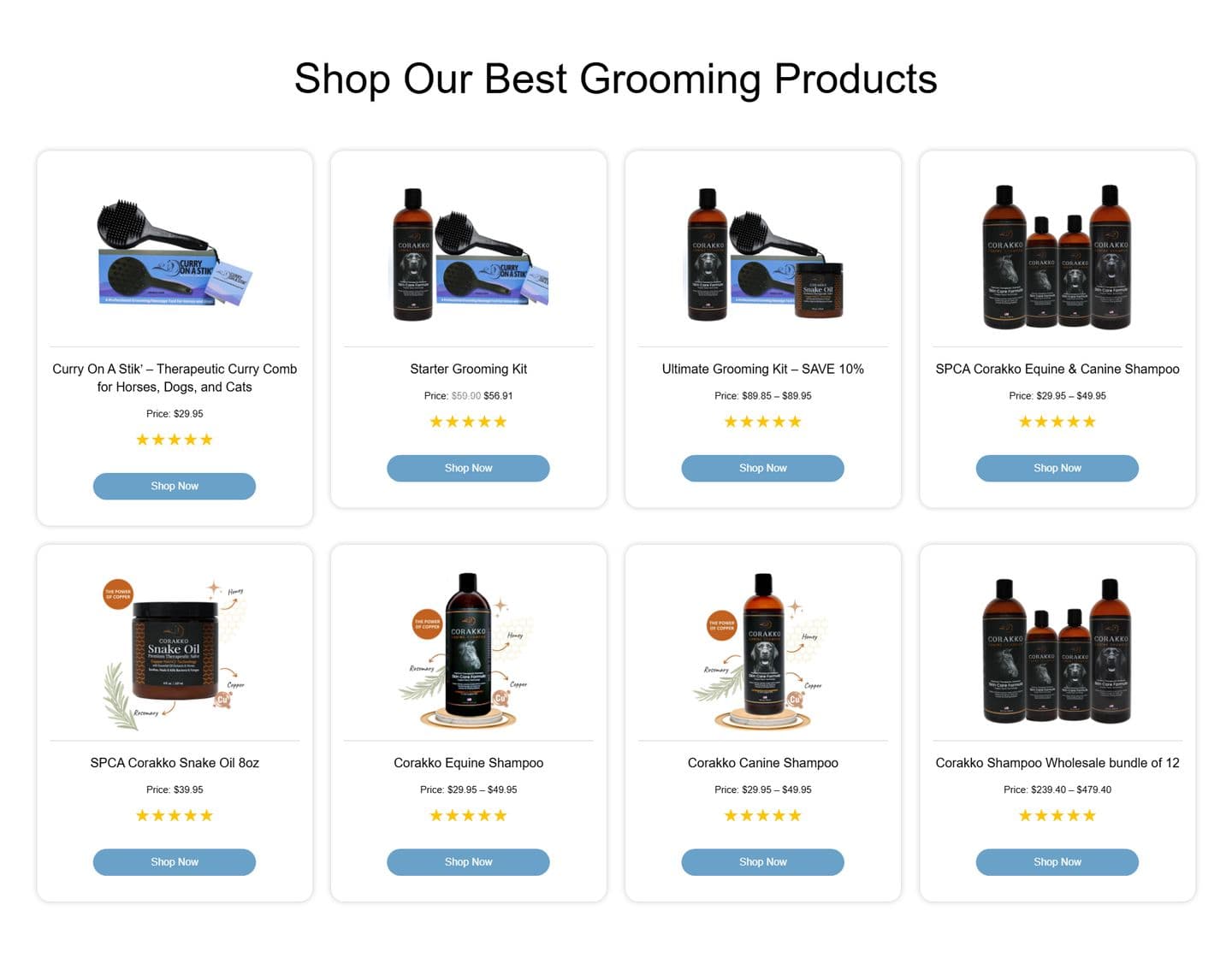 Shop Our Best Grooming Products section of the Curry On A Stik homepage on desktop