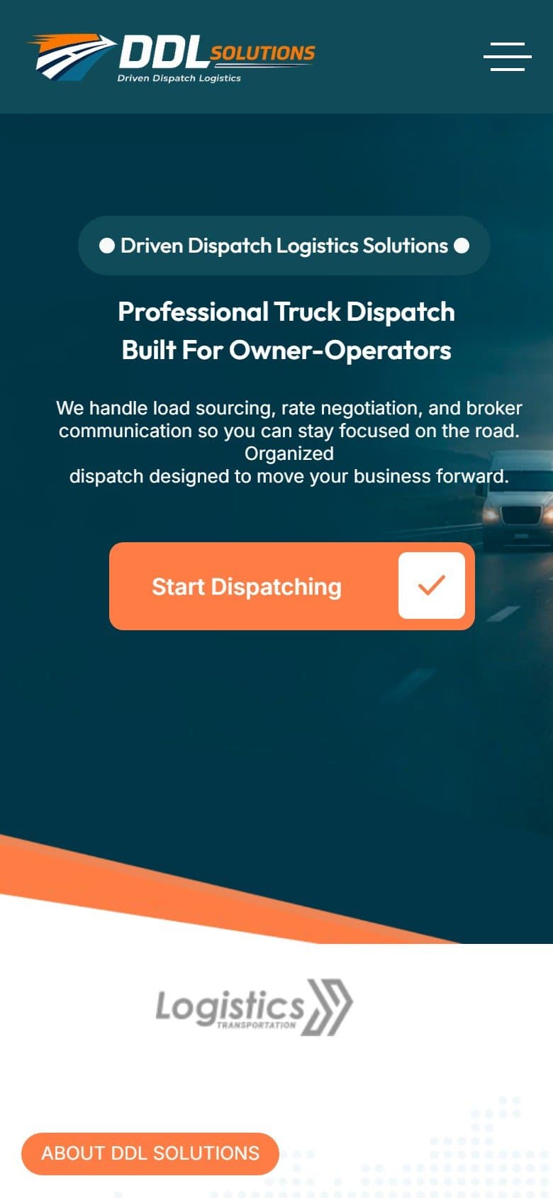 First screen of the DDL Solutions homepage on a phone