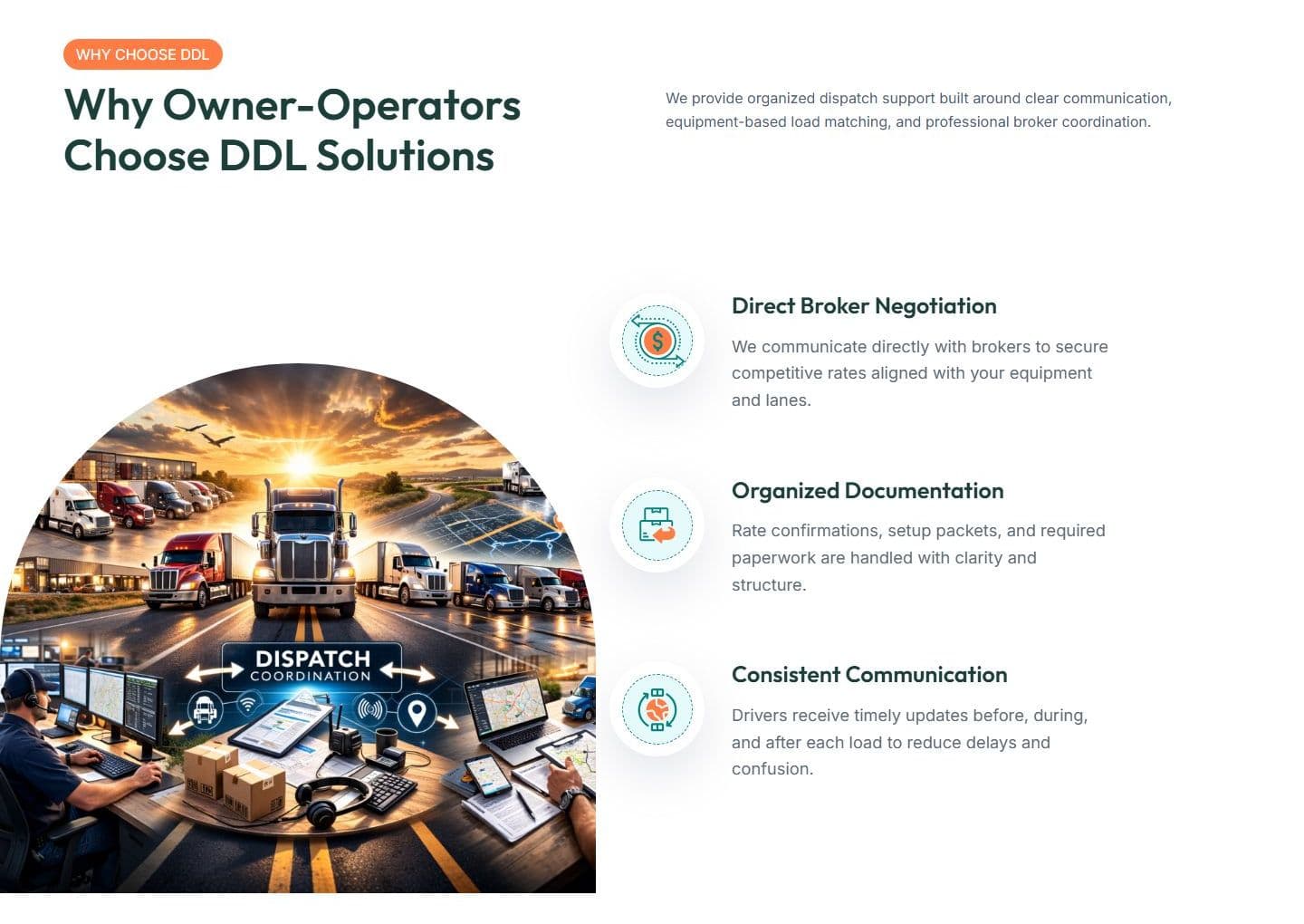 Why owner-operators choose DDL Solutions, a section of the homepage on desktop