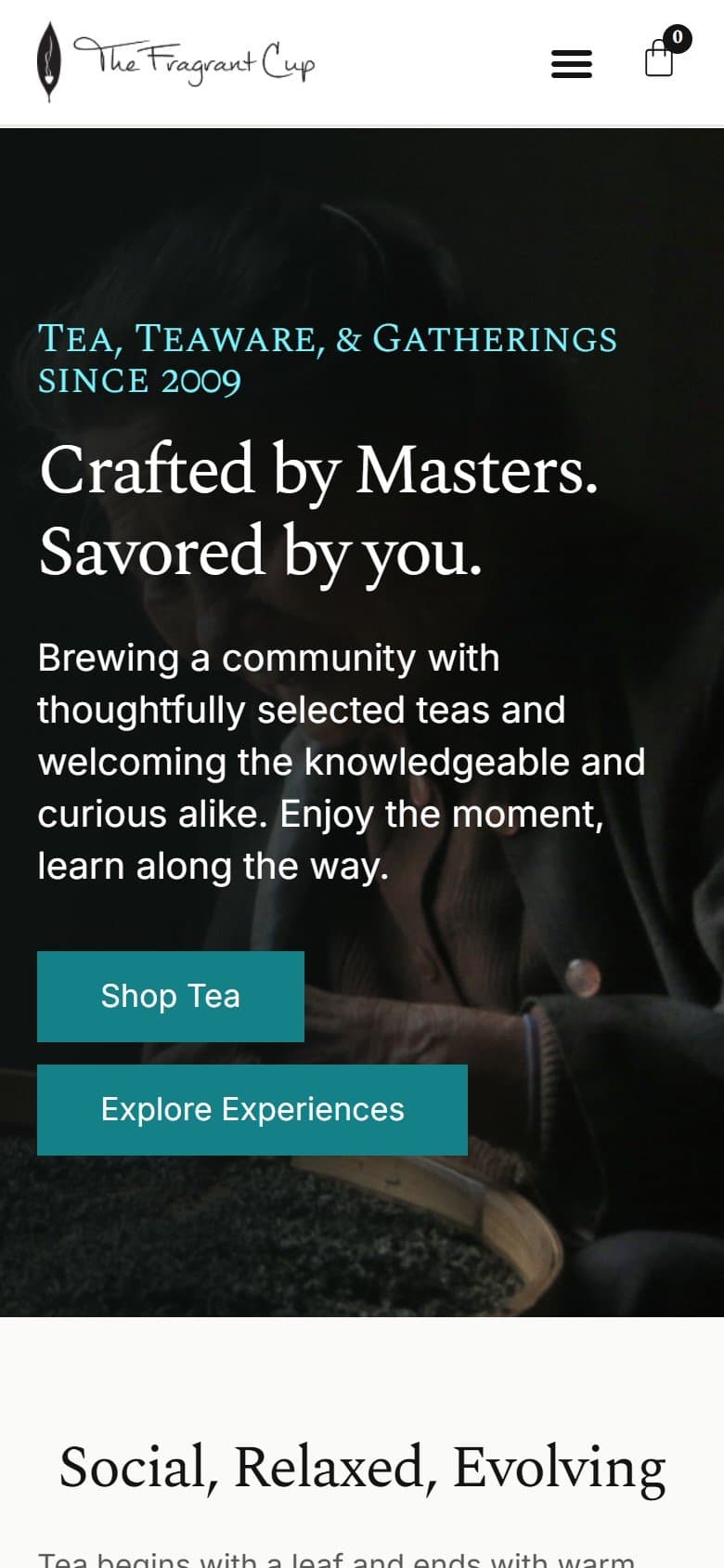 First screen of the The Fragrant Cup homepage on a phone