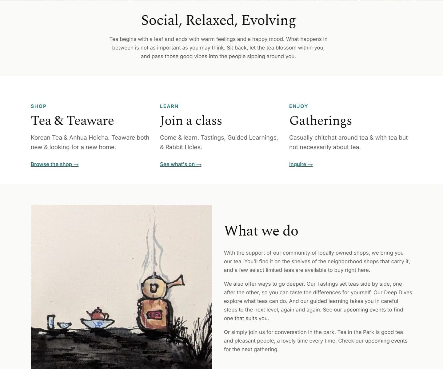 Shop, classes and gatherings section of The Fragrant Cup homepage on desktop