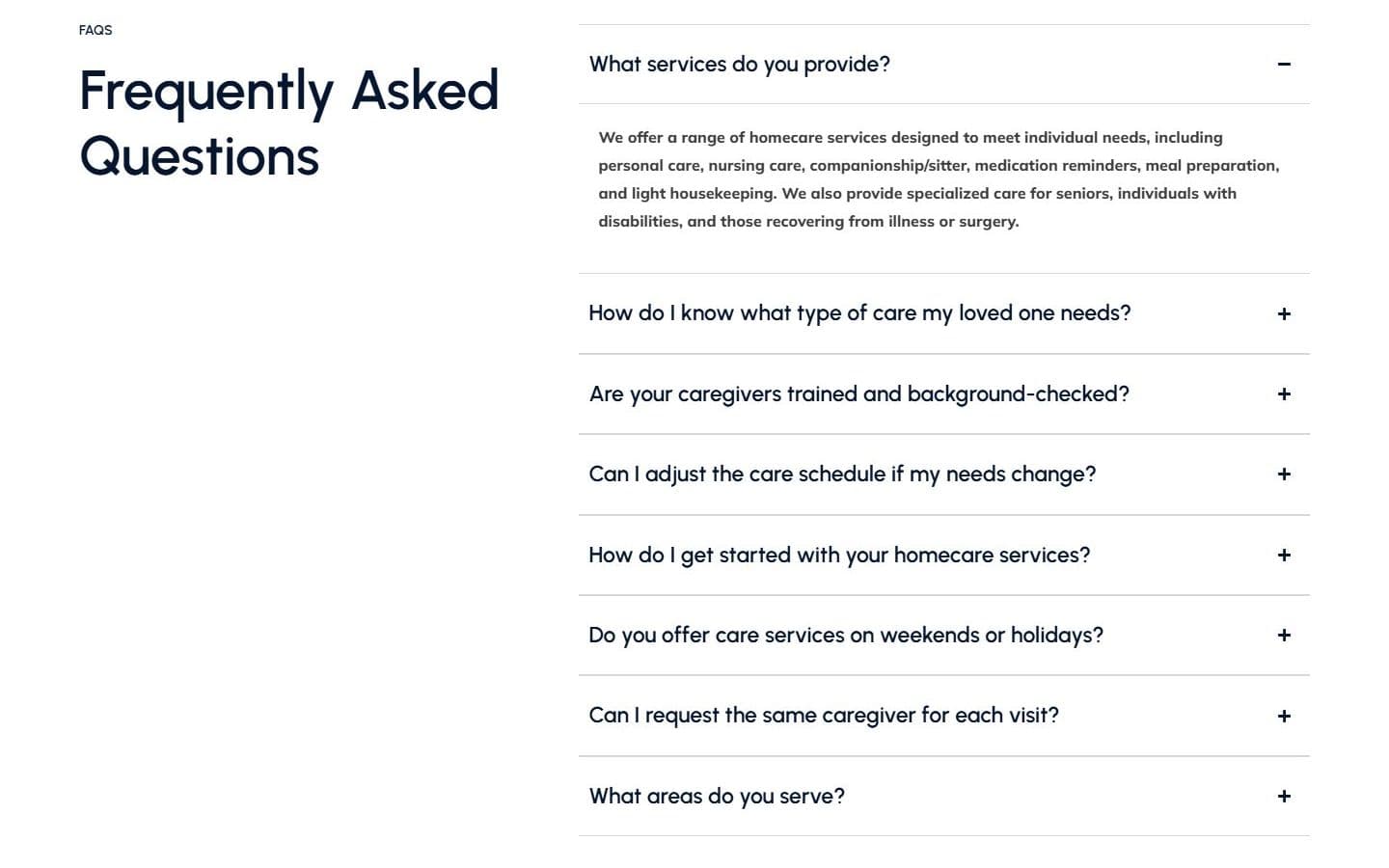 Frequently asked questions on the Janic Healthcare Services homepage on desktop