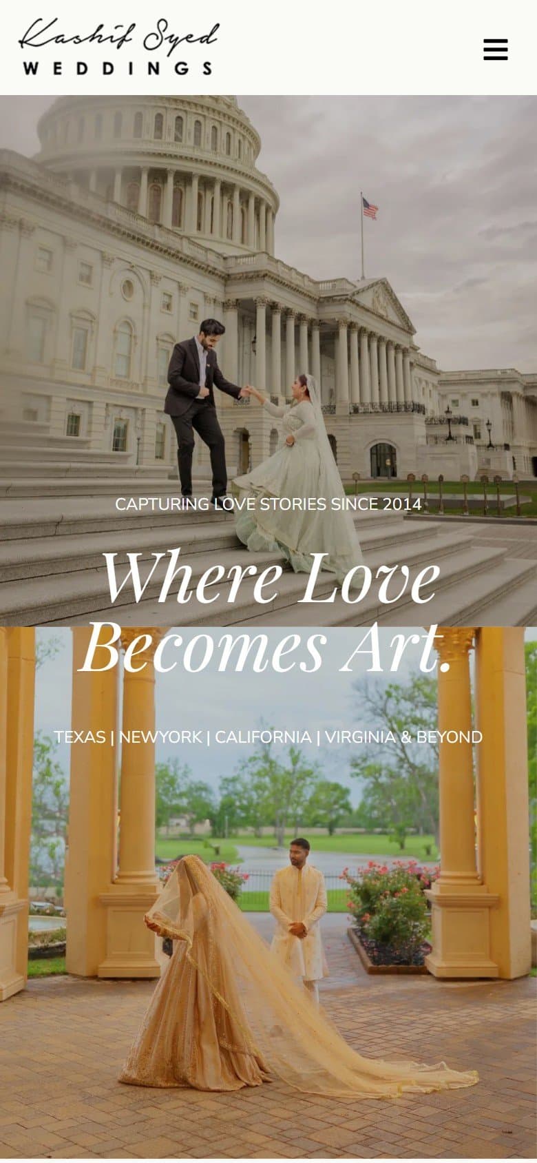 First screen of the Kashif Syed Weddings homepage on a phone