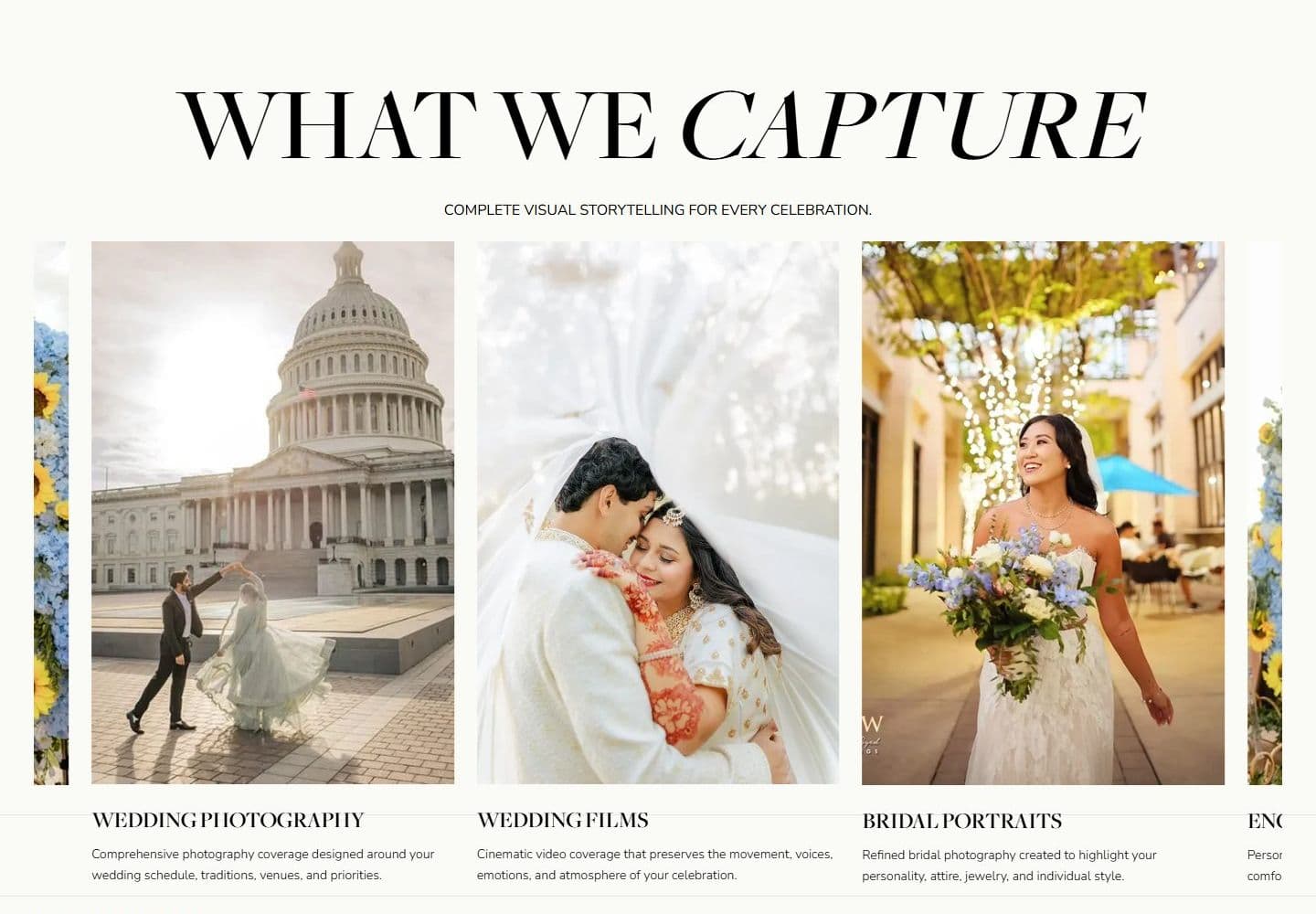 What we capture section of the Kashif Syed Weddings homepage on desktop
