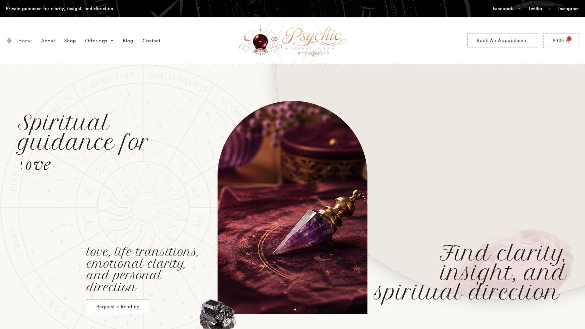 First screen of the Psychic Connections homepage on desktop
