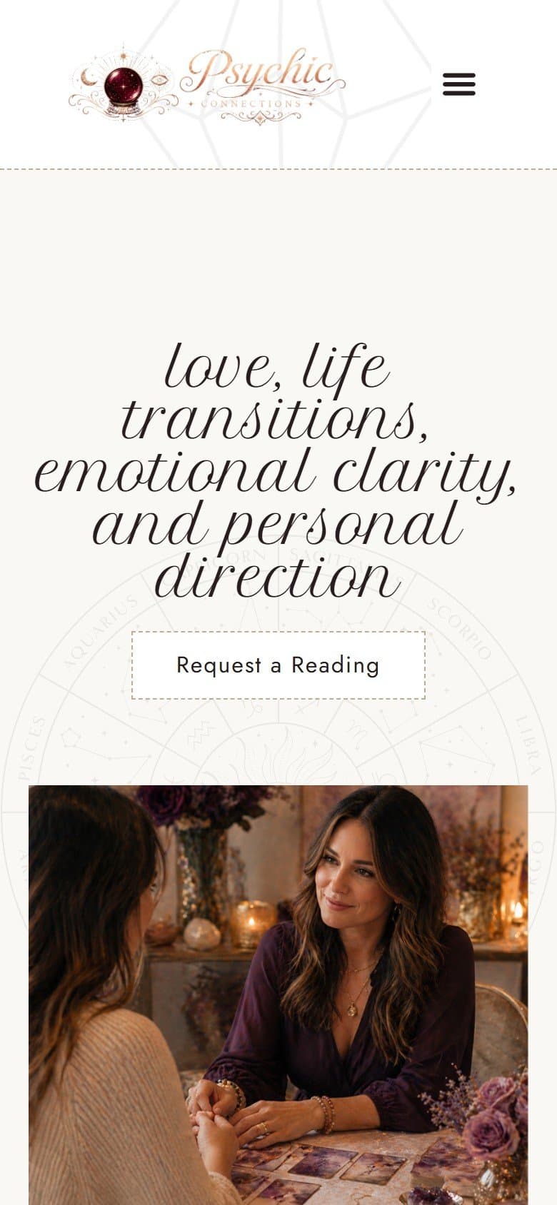 First screen of the Psychic Connections homepage on a phone