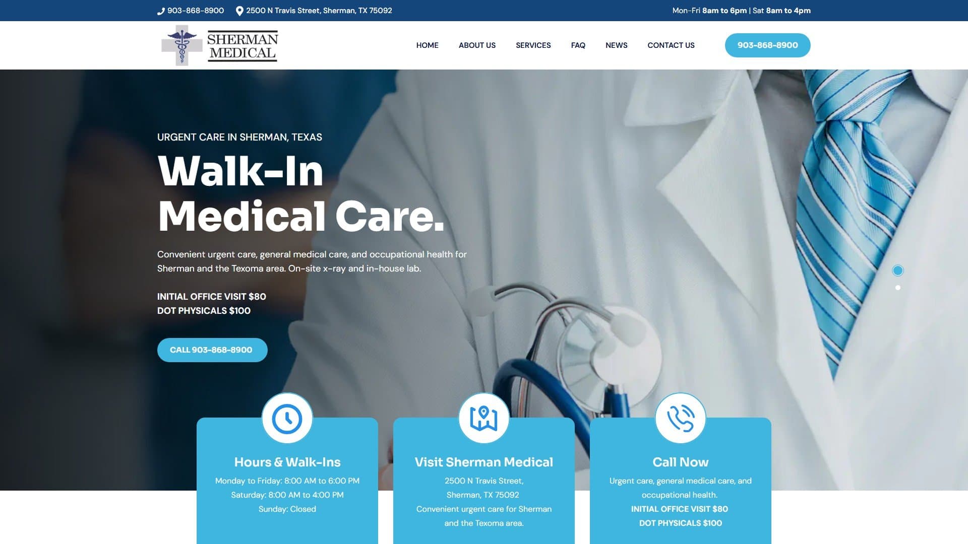 First screen of the Sherman Medical homepage on desktop