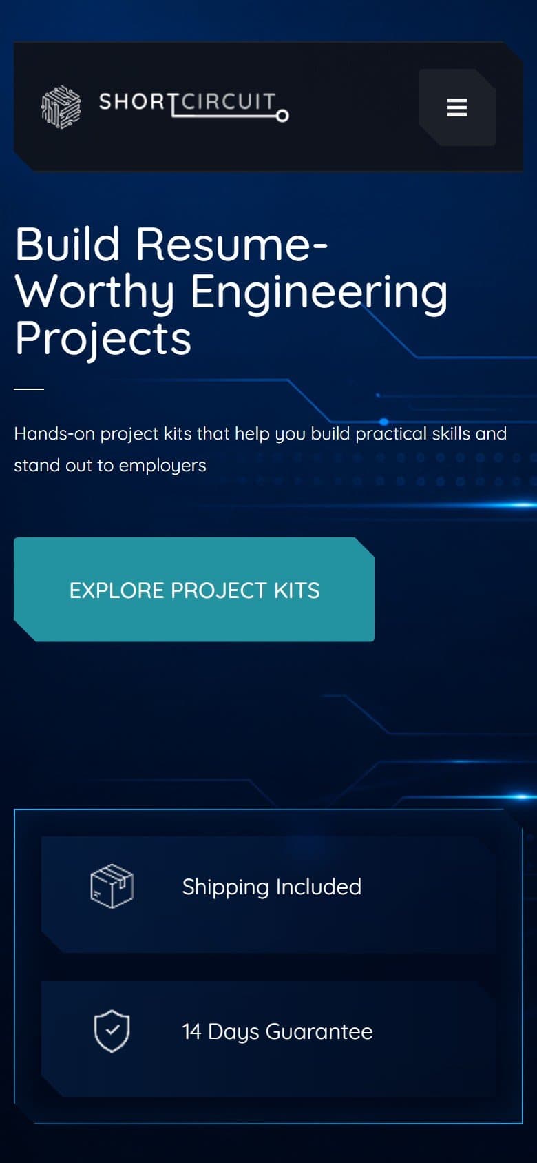 First screen of the Short Circuit homepage on a phone