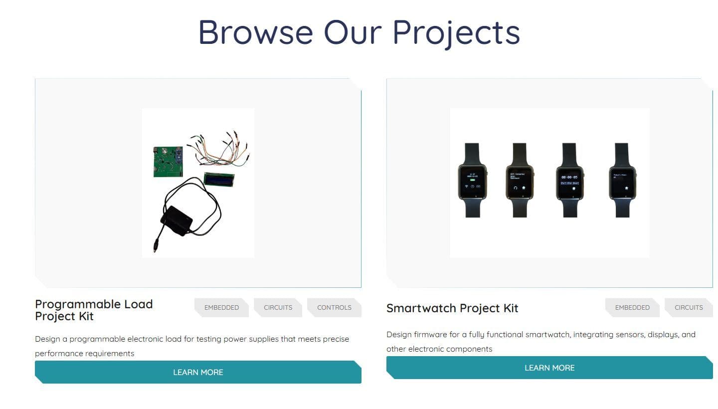 Project kits section of the Short Circuit homepage on desktop