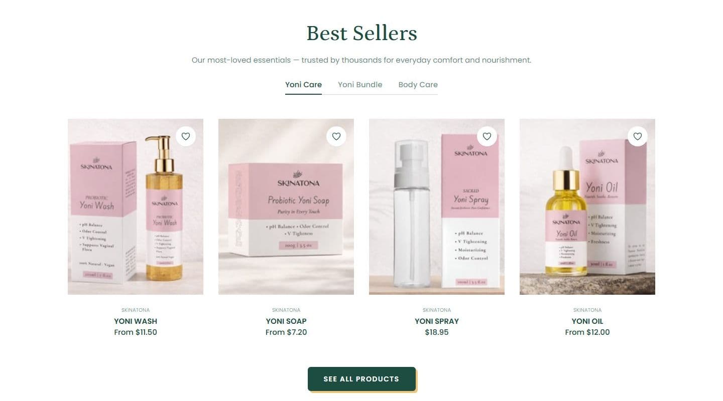 Best sellers section of the Skinatona homepage on desktop