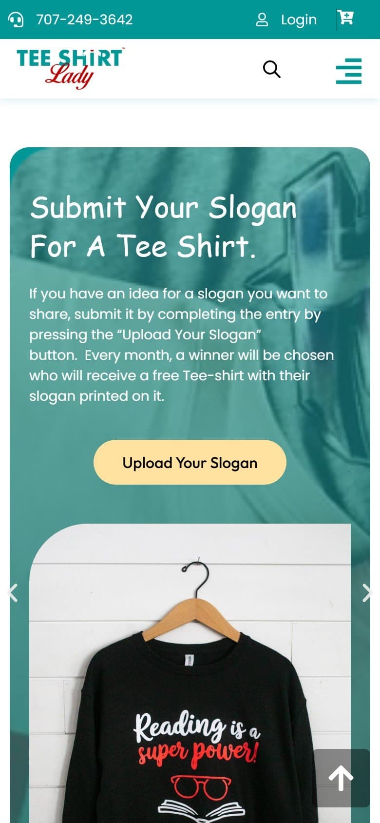 First screen of the Tee Shirt Lady homepage on a phone
