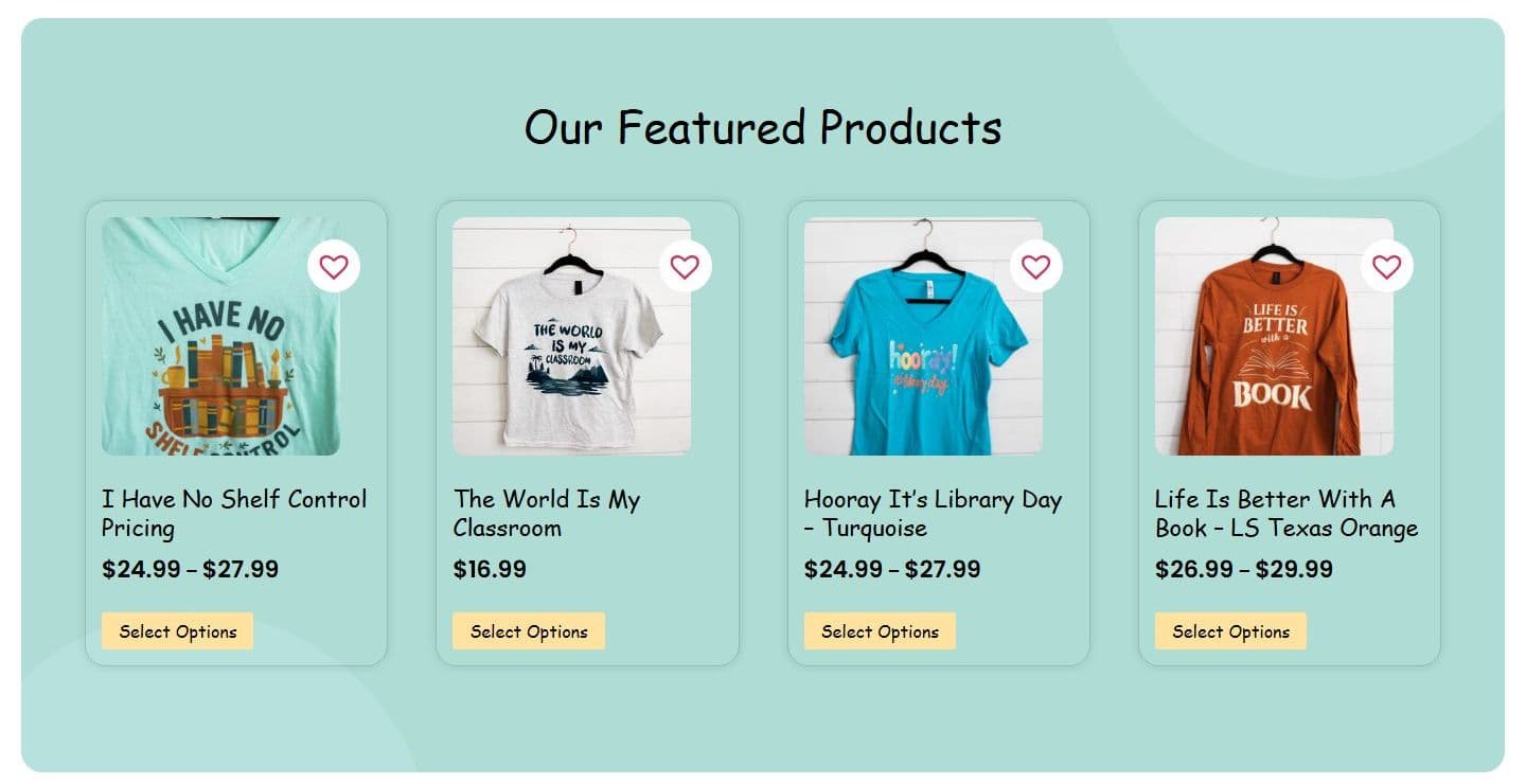 Featured products section of the Tee Shirt Lady homepage on desktop
