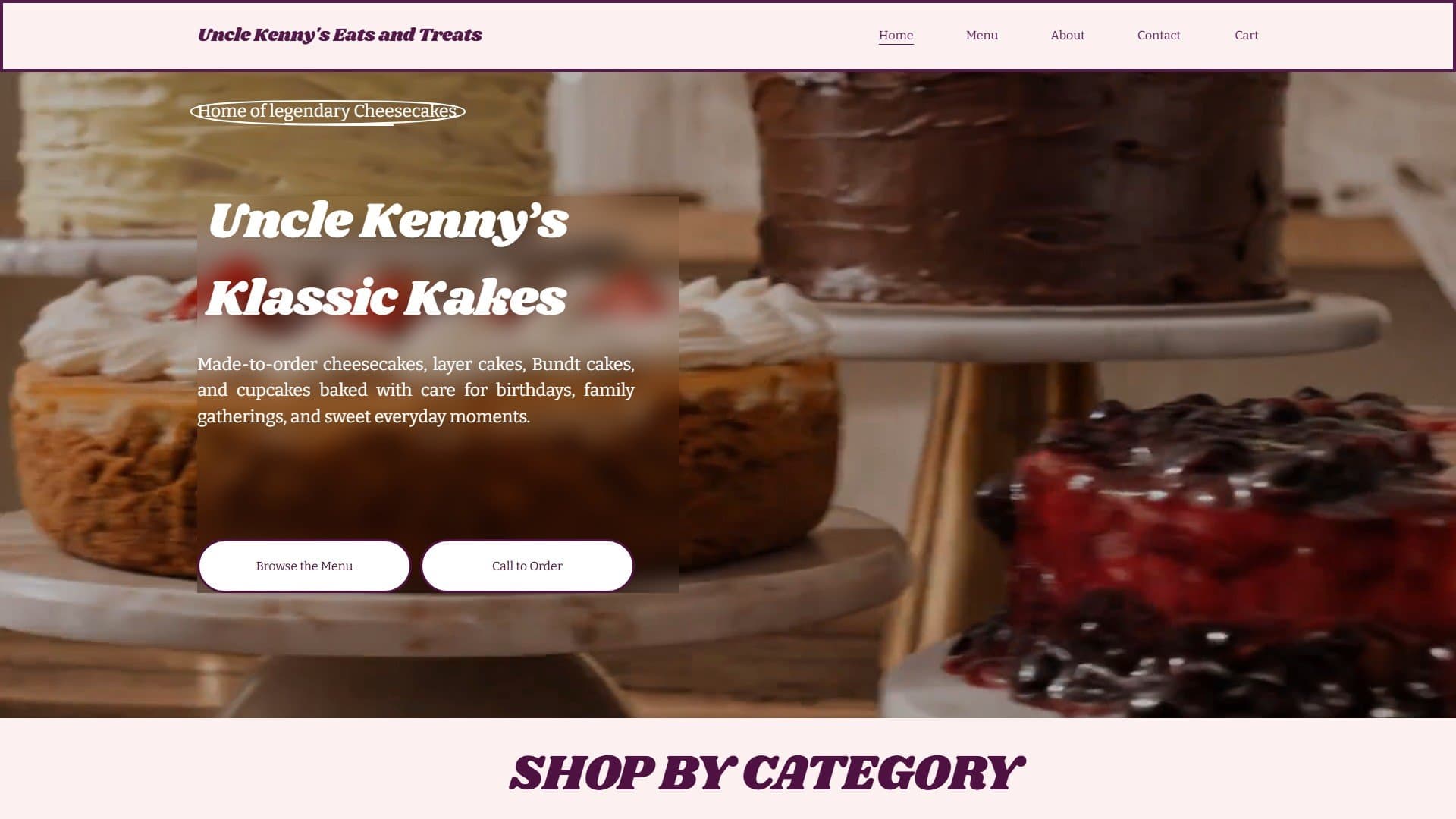First screen of the Uncle Kenny's Eats and Treats homepage on desktop
