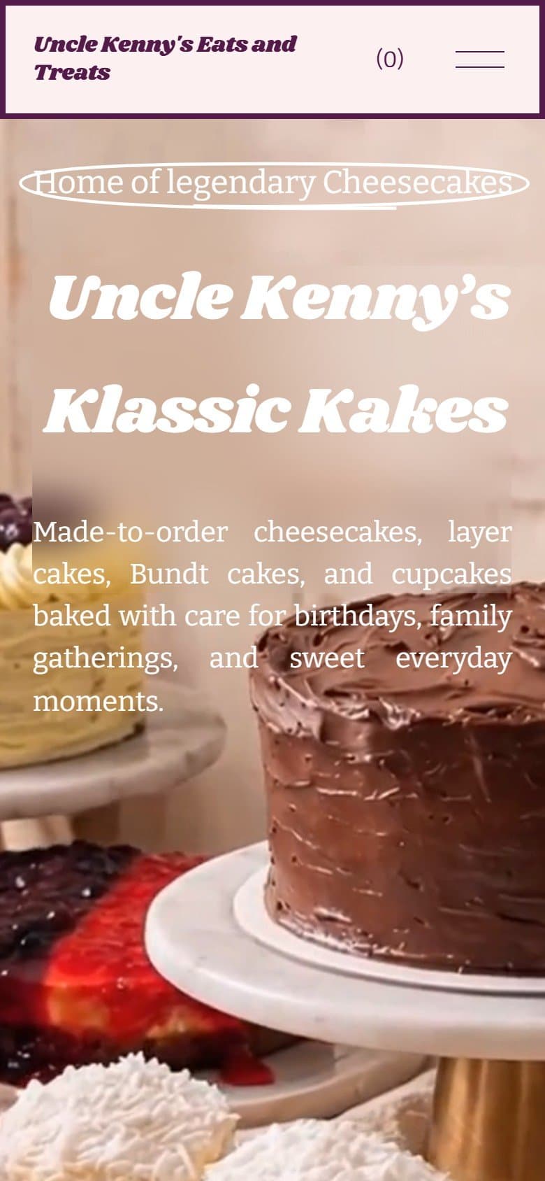 First screen of the Uncle Kenny's Eats and Treats homepage on a phone