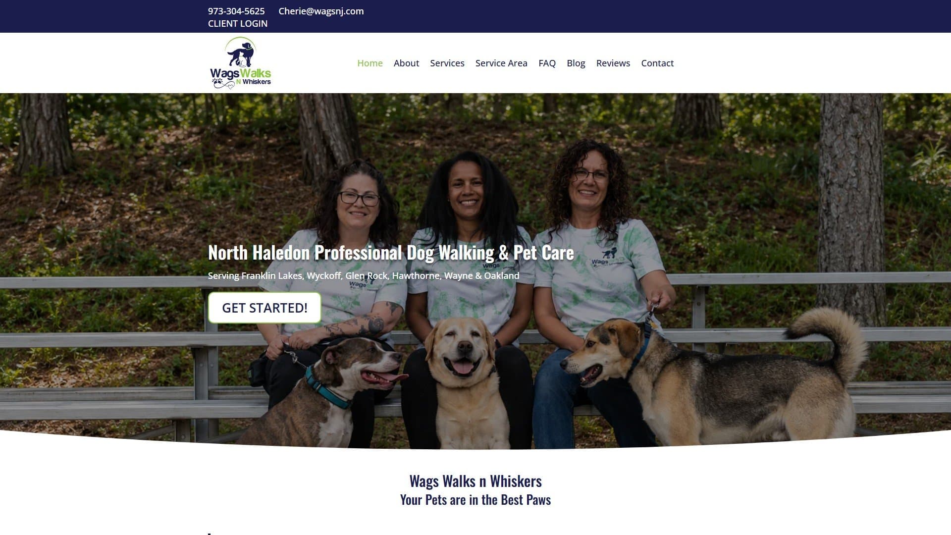 First screen of the Wags Walks n Whiskers homepage on desktop