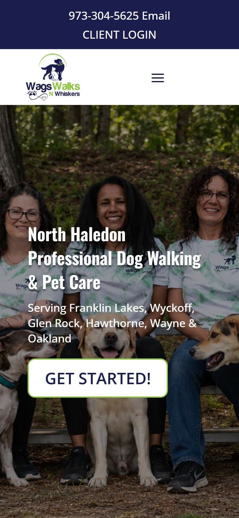 First screen of the Wags Walks n Whiskers homepage on a phone