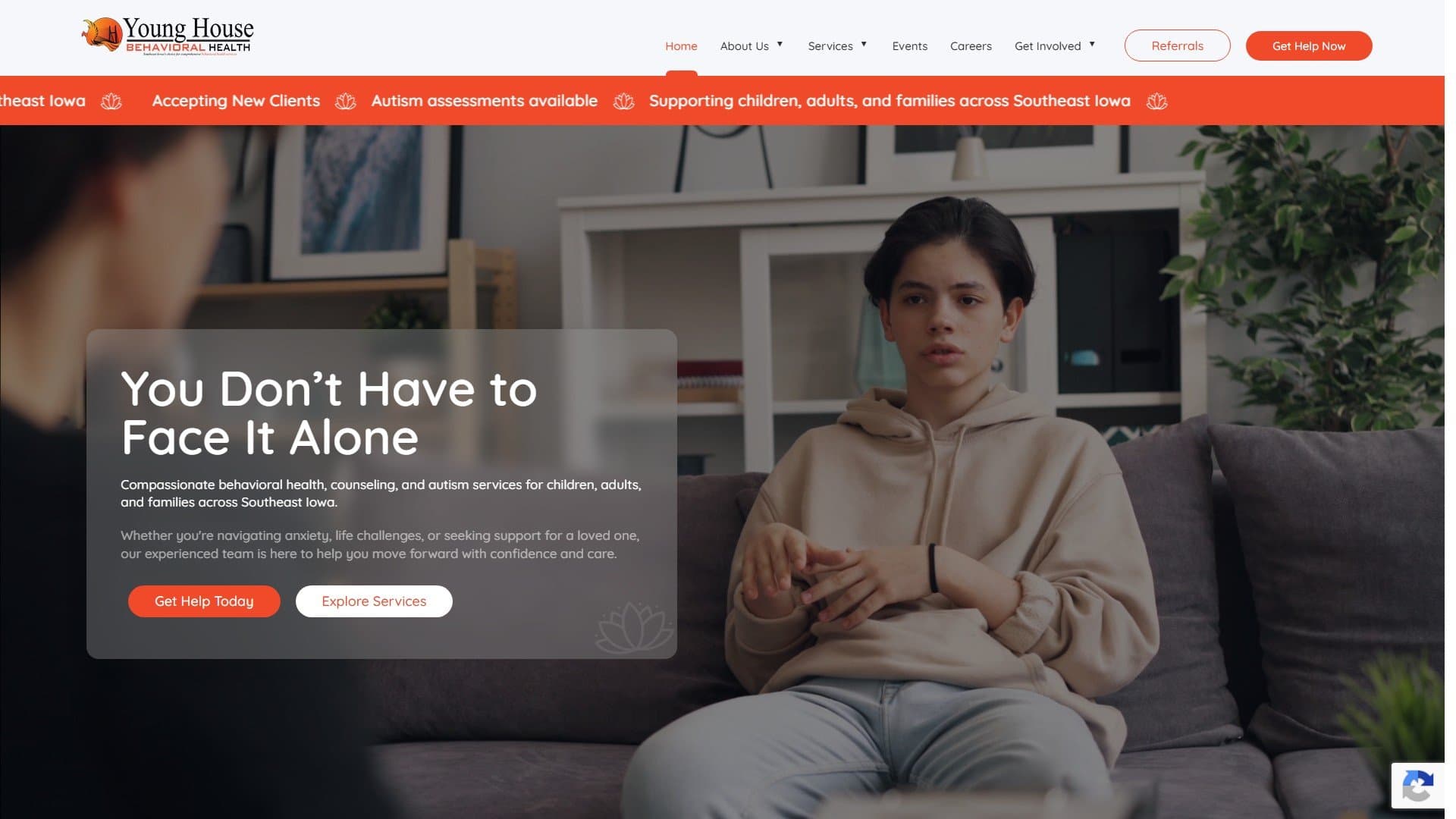 First screen of the Young House Behavioral Health homepage on desktop