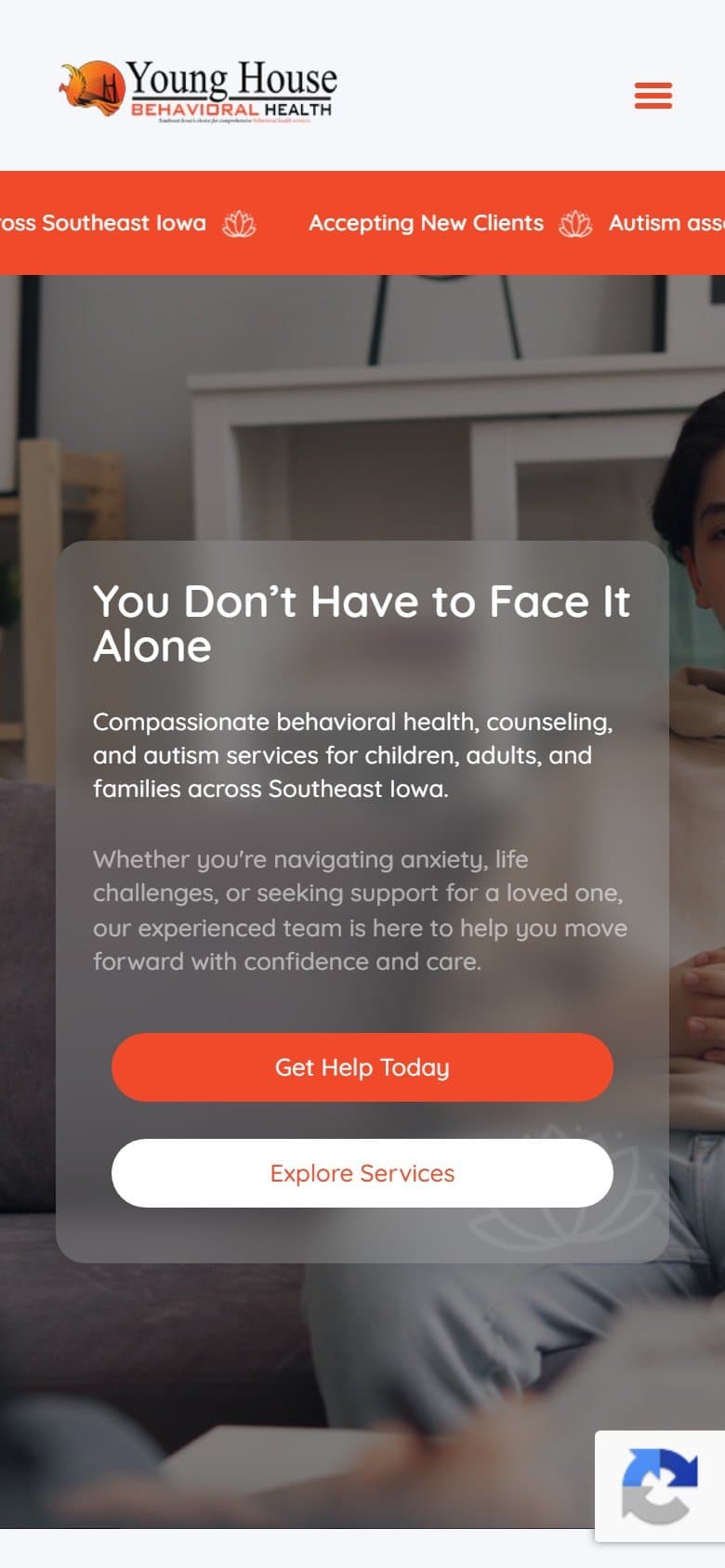First screen of the Young House Behavioral Health homepage on a phone